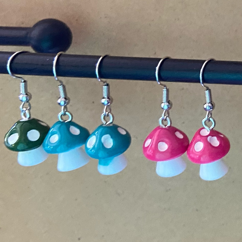 Teal mushroom pendant charm earrings. Small and dainty.